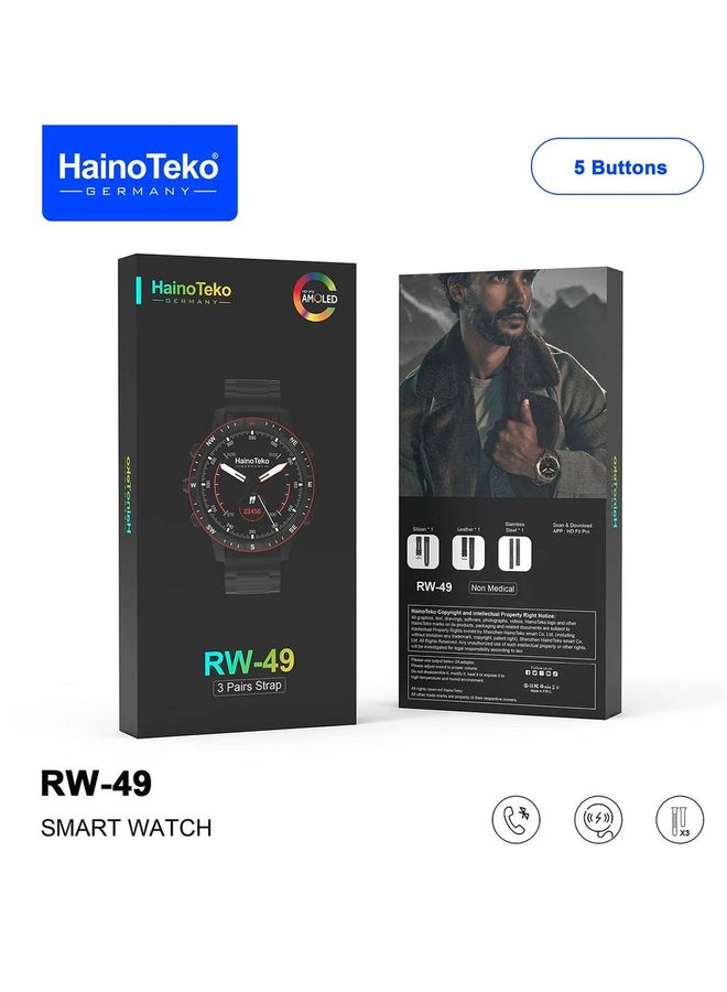 Haino Teko Germany  RW49 Round Shape AMOLED Display Smart Watch With 3 Pair Strap and Wireless Charger For Gents And Boys Silver