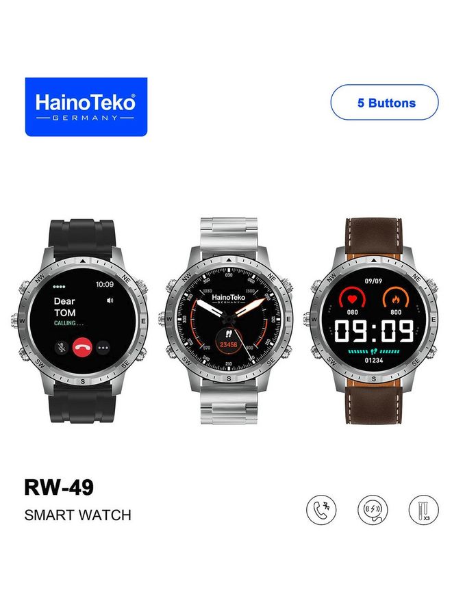 Haino Teko Germany  RW49 Round Shape AMOLED Display Smart Watch With 3 Pair Strap and Wireless Charger For Gents And Boys Silver