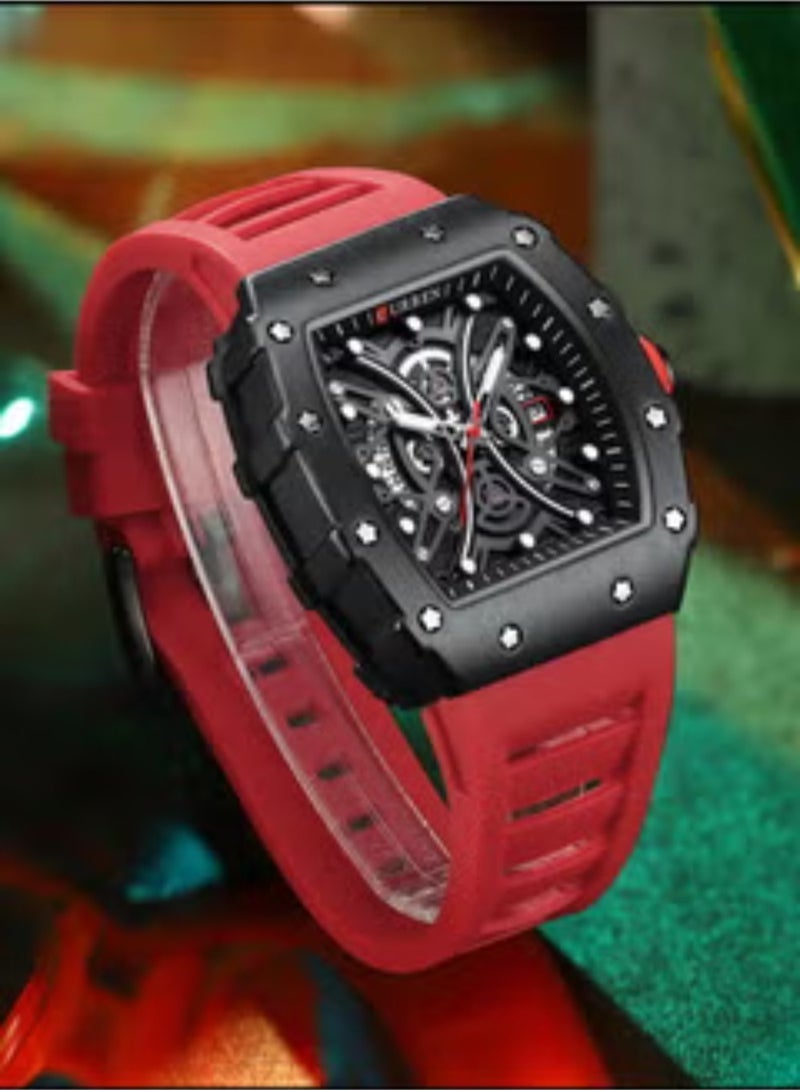 CURREN 8438 New Square Luminous Watch for Men Sport Casual Silicone Bracelet Hollow Auto Date Dial Wrist Watch