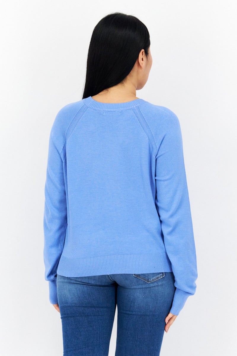 Women Round Neck Long Sleeves Plain Sweater, Light Blue