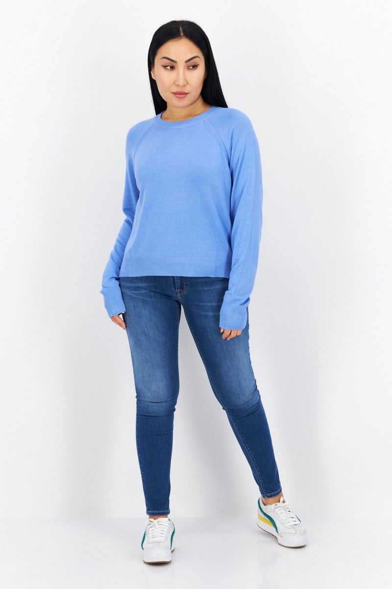 Women Round Neck Long Sleeves Plain Sweater, Light Blue