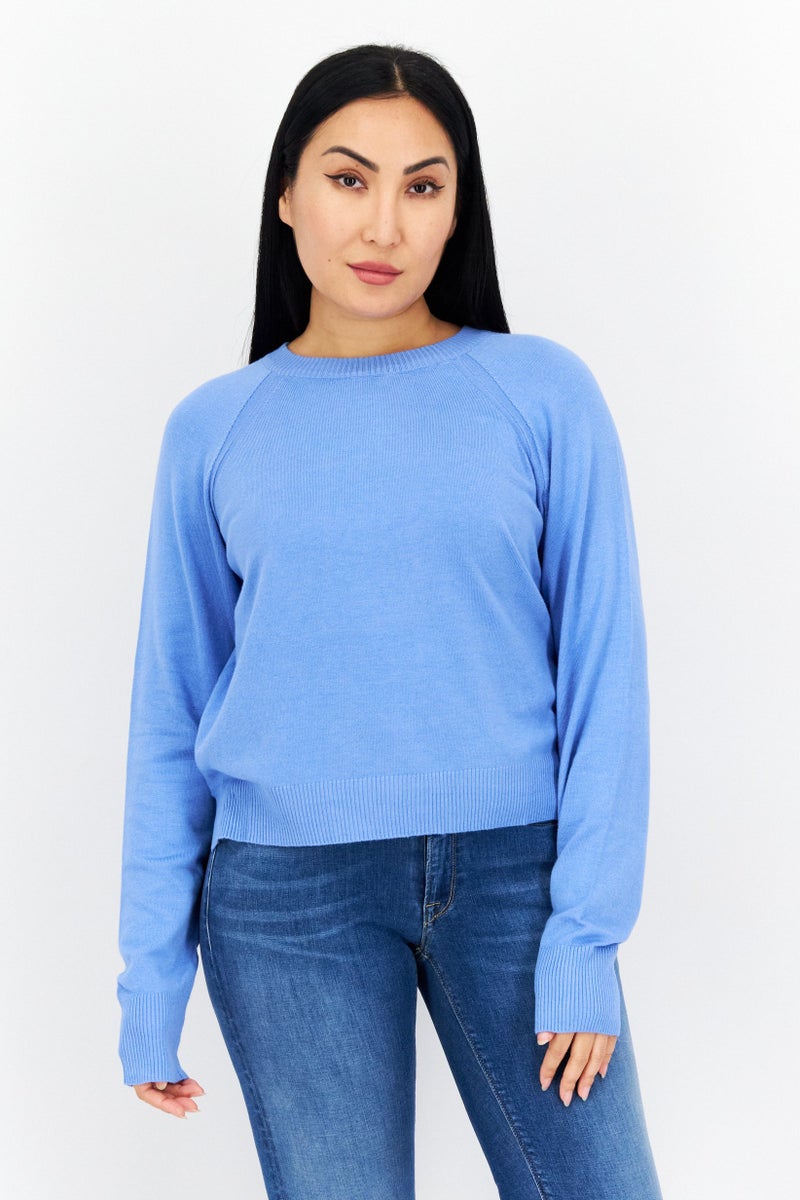 Women Round Neck Long Sleeves Plain Sweater, Light Blue