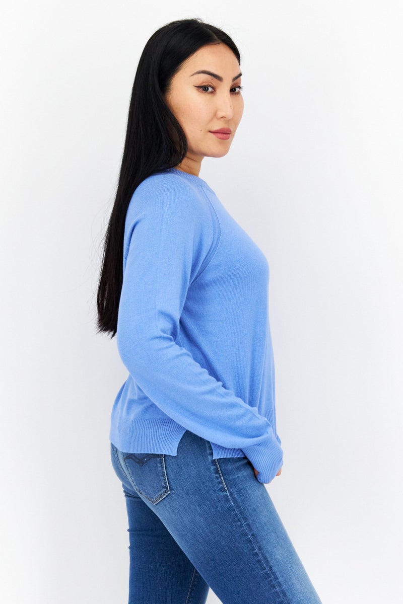 Women Round Neck Long Sleeves Plain Sweater, Light Blue