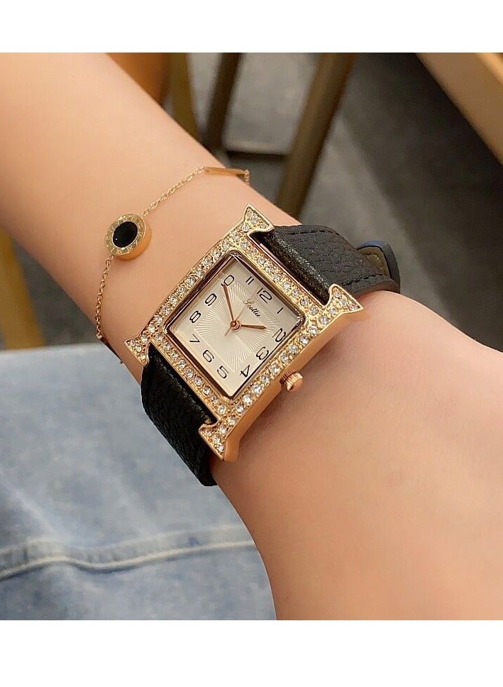 Square Quartz Women's Watch Fashionable Diamond Studded Digital Orange Watch Feminine Style Belt