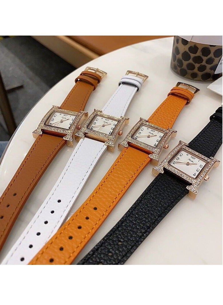 Square Quartz Women's Watch Fashionable Diamond Studded Digital Orange Watch Feminine Style Belt