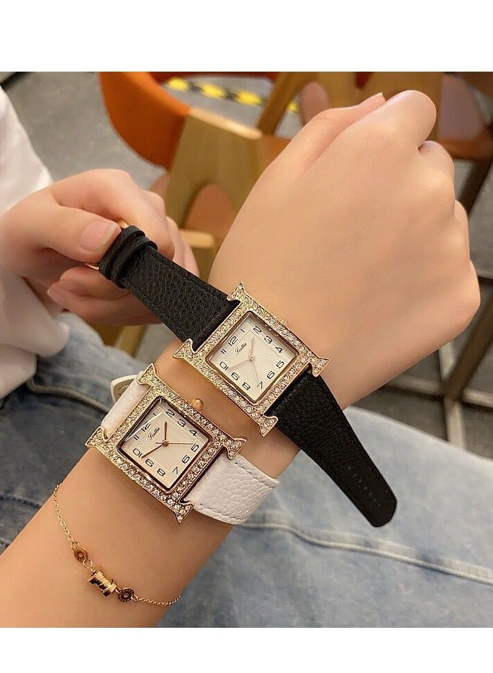 Square Quartz Women's Watch Fashionable Diamond Studded Digital Orange Watch Feminine Style Belt