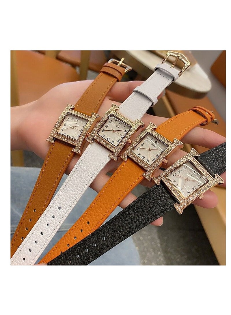 Square Quartz Women's Watch Fashionable Diamond Studded Digital Orange Watch Feminine Style Belt