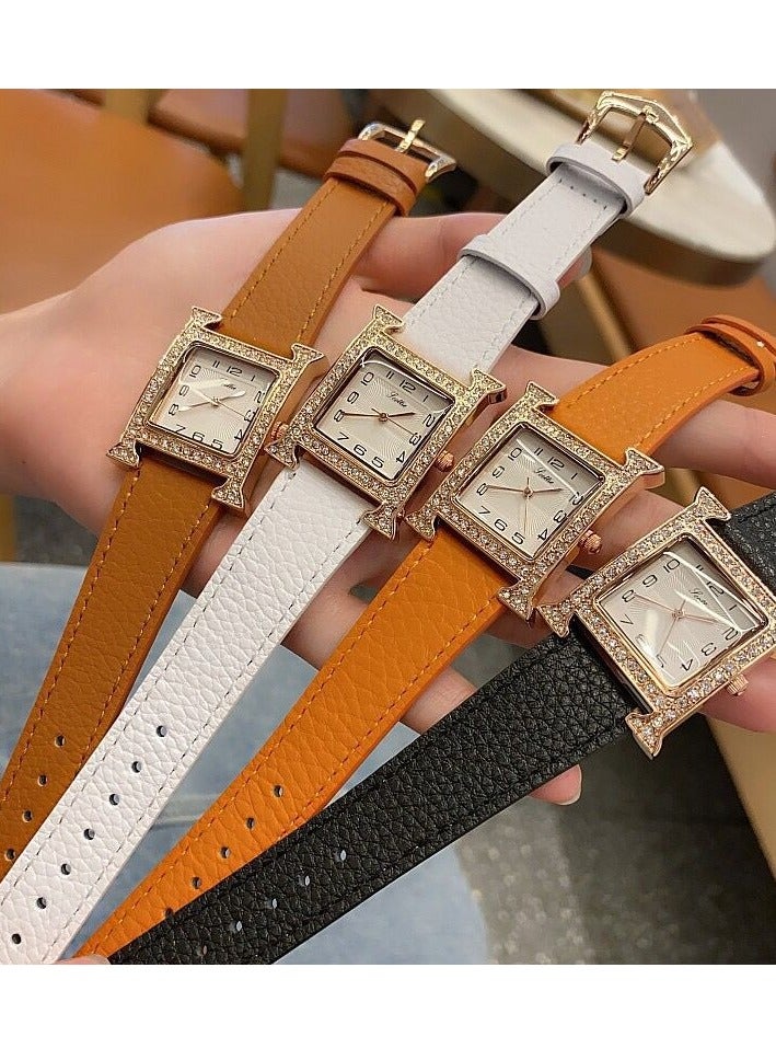 Square Quartz Women's Watch Fashionable Diamond Studded Digital Orange Watch Feminine Style Belt