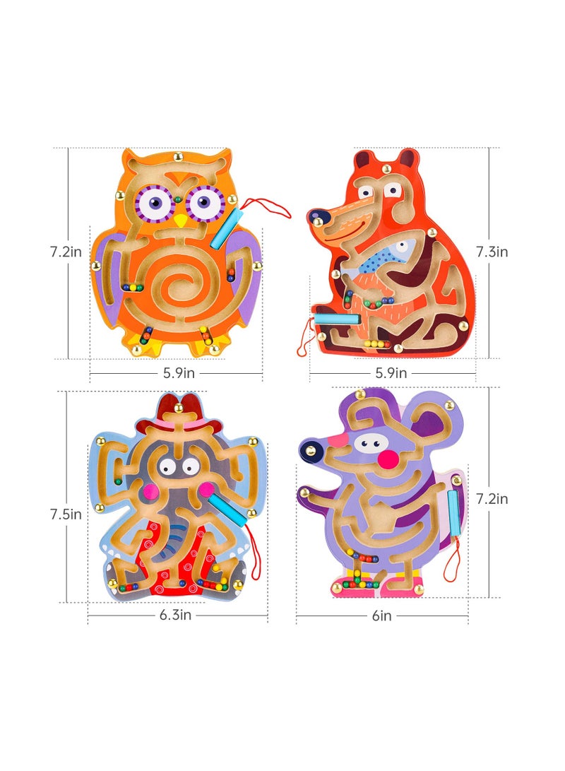 4 Piece Animal Magnetic Maze Toys for Kids Interactive Puzzle Game Montessori STEM Activity for Fine Motor Skills Preschool Gift Wooden 7x8 Inches