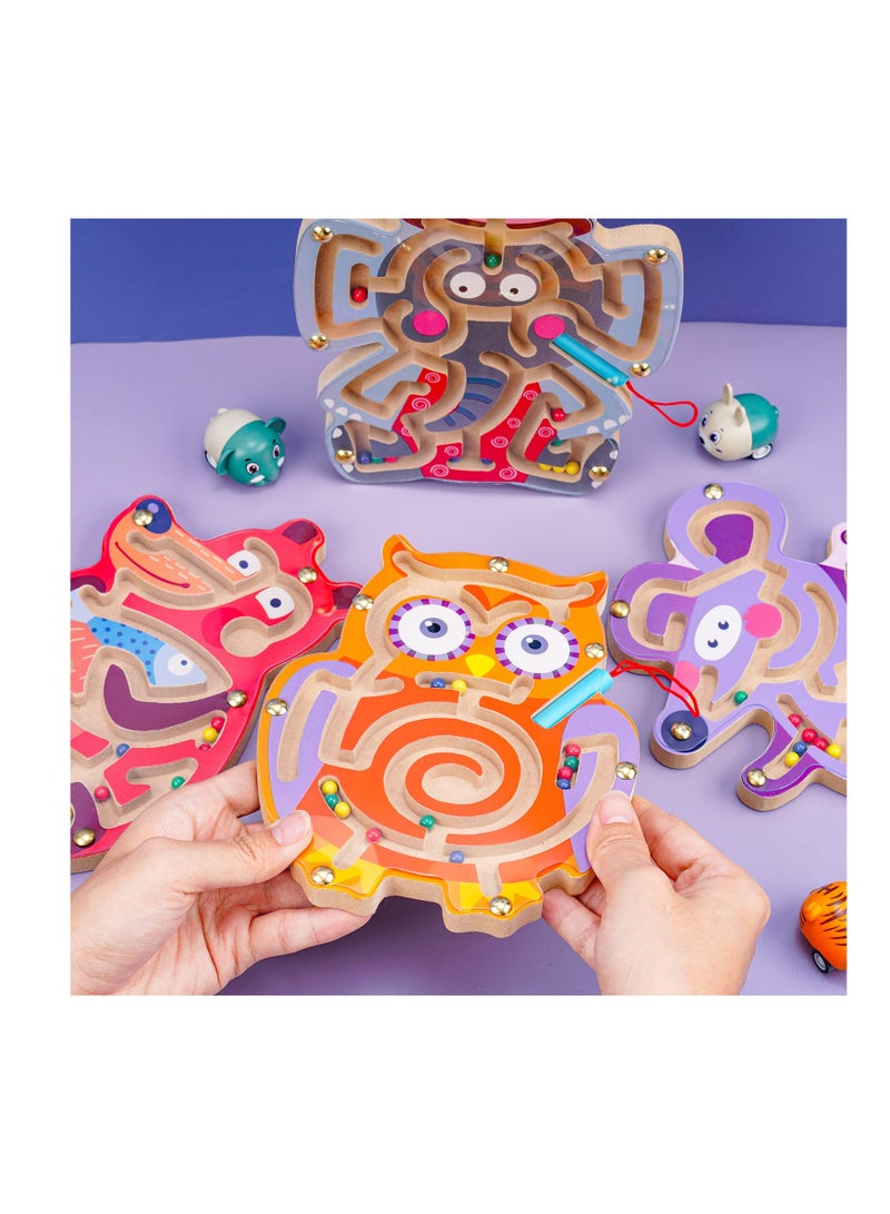 4 Piece Animal Magnetic Maze Toys for Kids Interactive Puzzle Game Montessori STEM Activity for Fine Motor Skills Preschool Gift Wooden 7x8 Inches