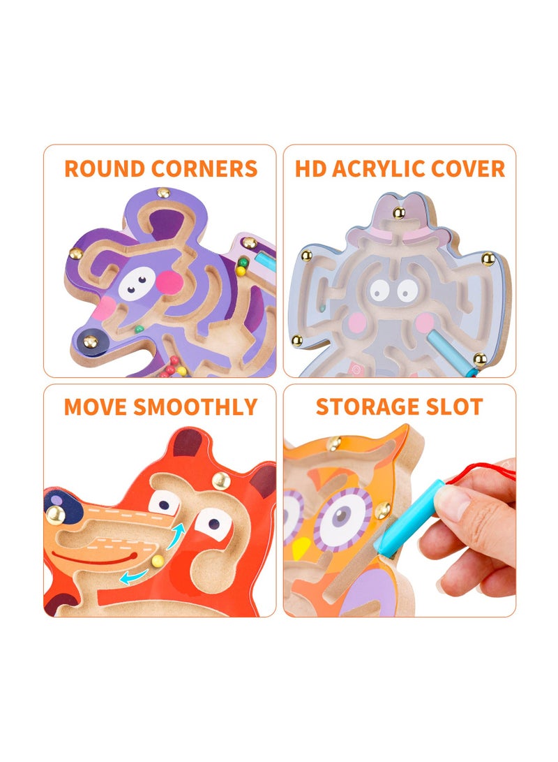 4 Piece Animal Magnetic Maze Toys for Kids Interactive Puzzle Game Montessori STEM Activity for Fine Motor Skills Preschool Gift Wooden 7x8 Inches