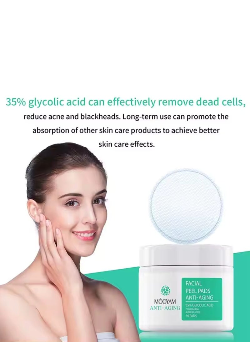 50 Pads Facial Peel Pads Anti Aging 35% Glycolic Acid Facial Pads Reduce Acne Blackheads Peeling Exfoliates with Glycolic Acid and AHA Moisturizing Nourishing Glycolic Acid Cleansing Resurfacing Pad