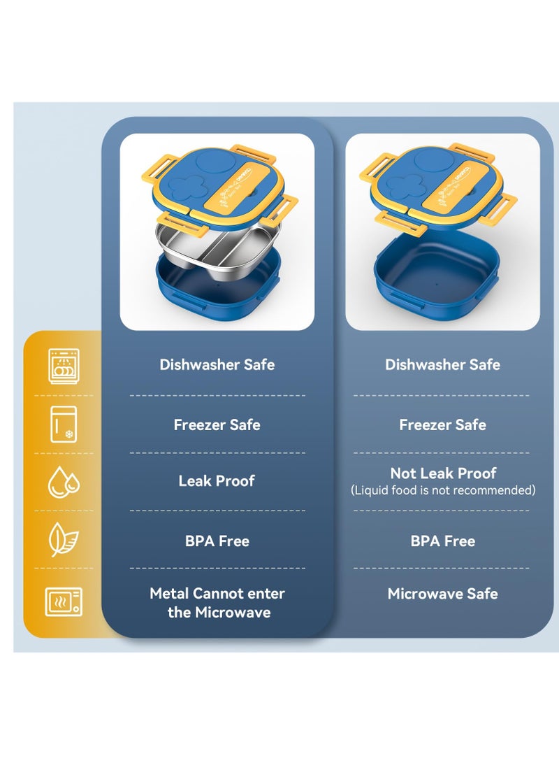 Stainless Steel Bento Box for Kids, Leak-Proof 2-Compartment Design, Portable Cutlery Included, Perfect for Ages 3 to 10, Dishwasher Safe, Blue
