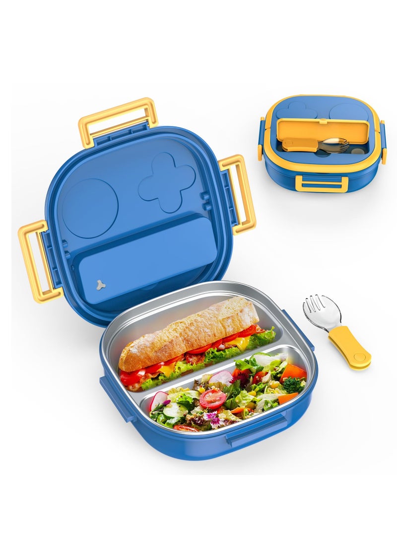 Stainless Steel Bento Box for Kids, Leak-Proof 2-Compartment Design, Portable Cutlery Included, Perfect for Ages 3 to 10, Dishwasher Safe, Blue