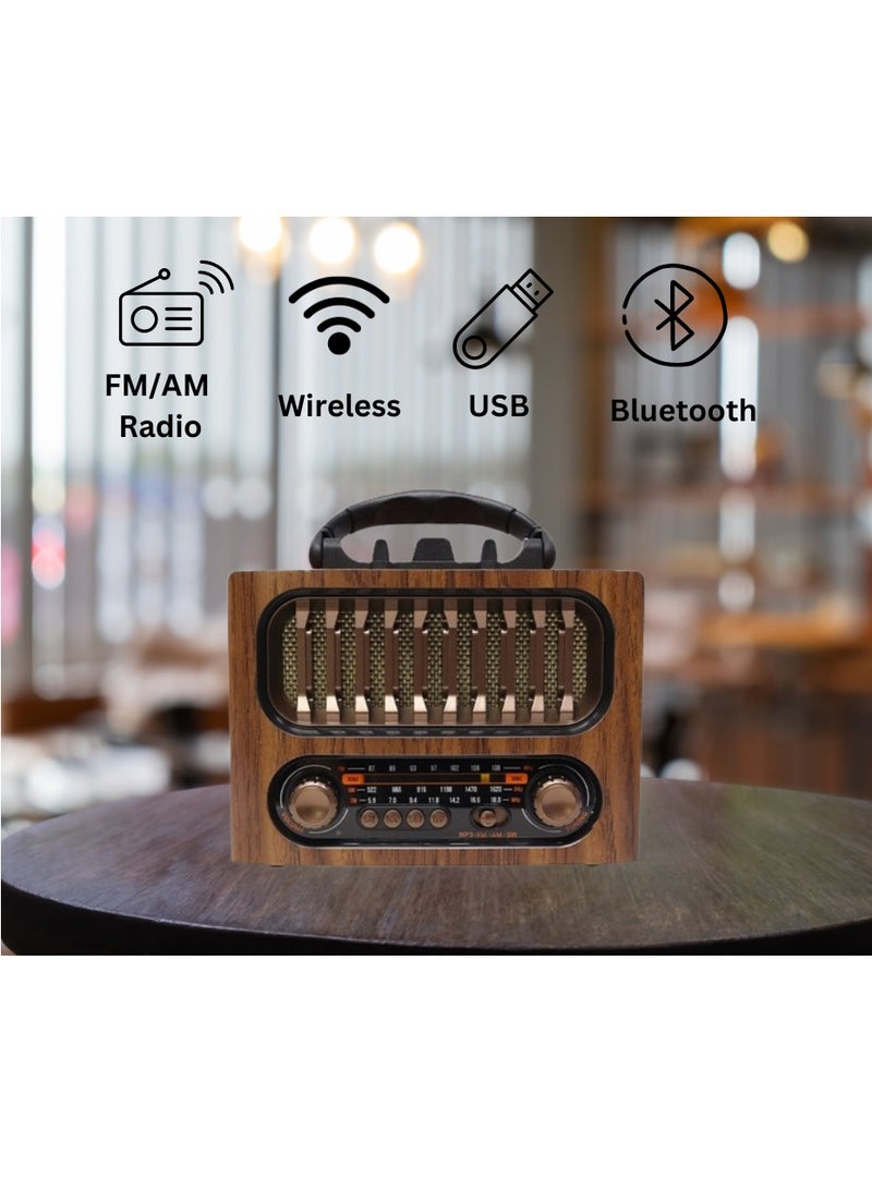 Portable Vintage Decor Radio Retro Bluetooth Speaker FM/AM/SW Old Fashion Classic Style Adjustable Antenna Rechargeable Battery Powered for Outdoor Picnic Beach Camping Supports TF Card USB