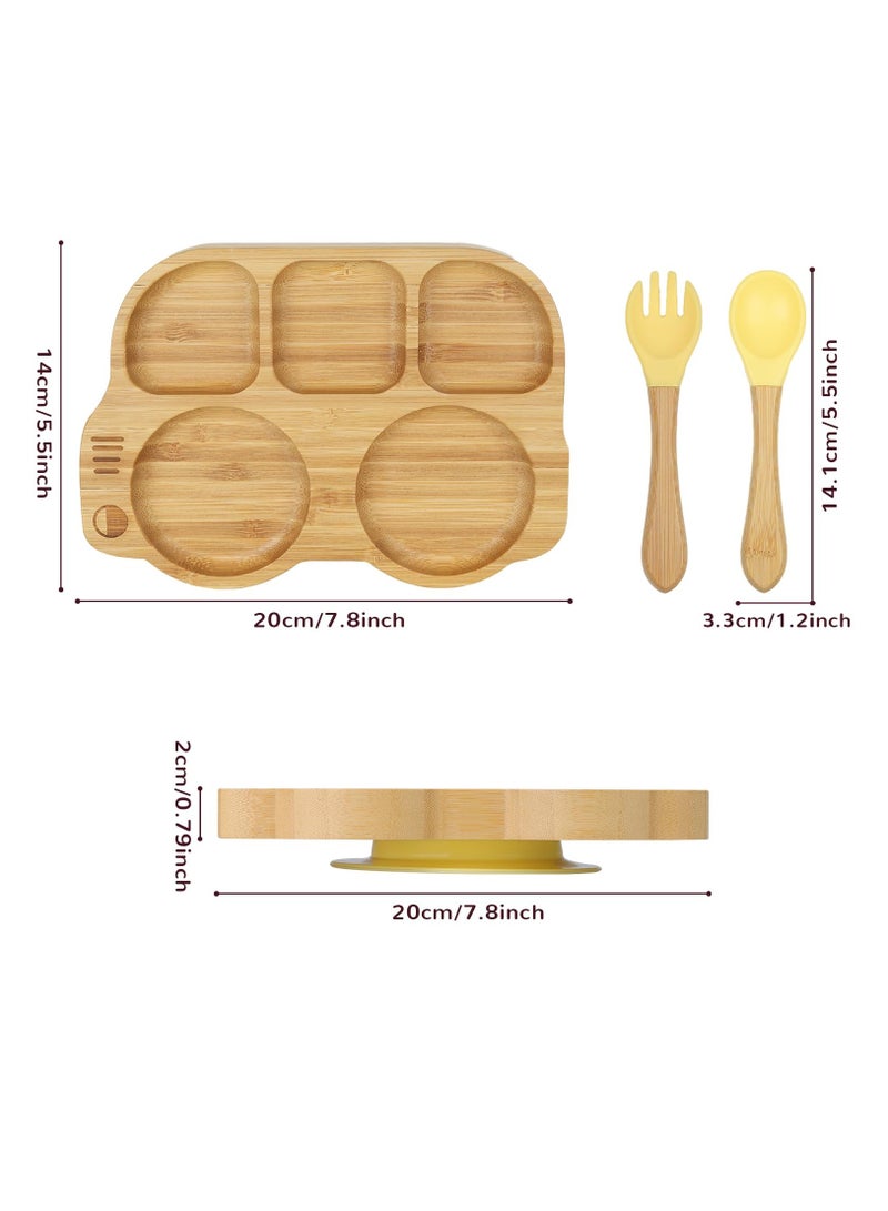 Bamboo Suction Toddler Plate Set with Spoon and Fork, Car Design Divided Plate, BPA Free, Yellow Color for Kids