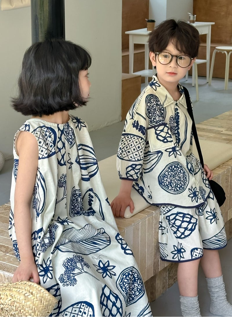 Irregular Pattern Dress, Children's Casual Short Sleeved Shorts Two-Piece Set