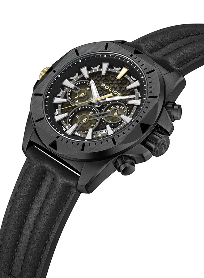 Men's Electrical Black Dial Black Leather Strap Gents Chronograph Watch With Stainless Steel Case