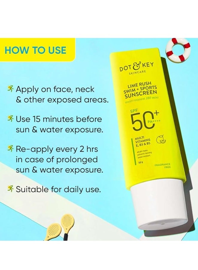 Lime Rush Swim + Sports Sunscreen SPF 50 PA++++ | Water Resistant & Sweat Resistant Sunscreen | UV/UVA Protect | No White Cast | Prevents Tan | For All Skin Types | For Women & Men