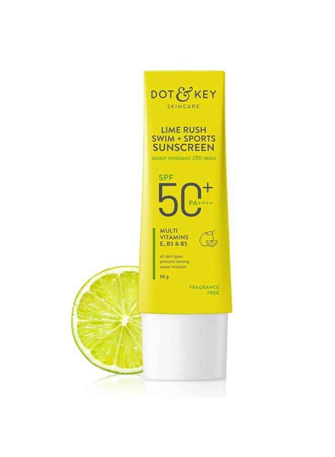 Lime Rush Swim + Sports Sunscreen SPF 50 PA++++ | Water Resistant & Sweat Resistant Sunscreen | UV/UVA Protect | No White Cast | Prevents Tan | For All Skin Types | For Women & Men