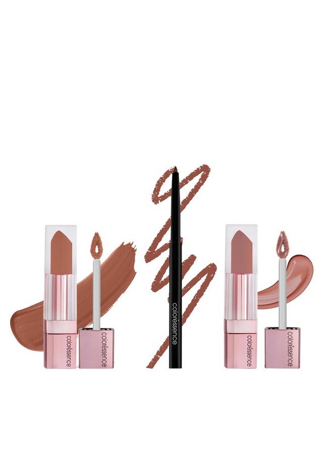 Bare Lips Combo (Combo Of 3 Lip Makeup Products) | Transfer Proof Omk Lipstick (Brown Butter) | Lip Liner (Brown) | Plumpkin Tinted Lip Gloss (Mocha Short)