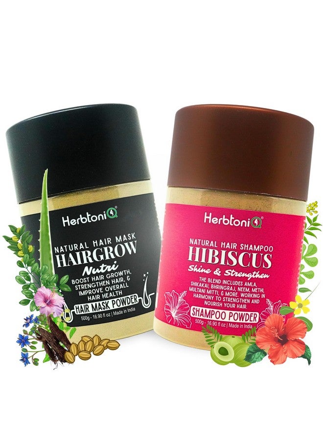 Hairgrow Nutri Mask And Hibiscus Shine Shampoo Powder Combo Set - Improves Hair Growth, Strength, Dandruff Care, Reduces Hair Fall For Men And Women (500G Each)