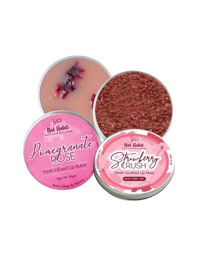 Pomegranate Rose Lip Balm & Strawberry Lip Scrub For Dark, Pigmented Lips- Combo For Women & Men Baby Pink Lips