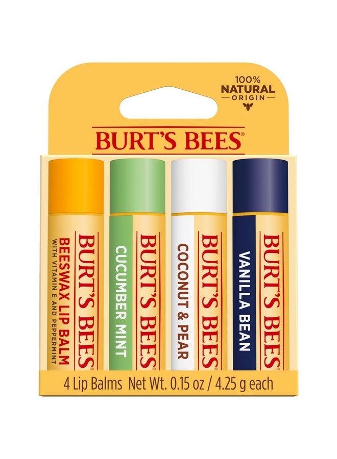 100% Natural Moisturizing Lip Balm, Multipack - Original Beeswax, Cucumber Mint, Coconut & Pear And Vanilla Bean With Beeswax & Fruit Extracts - 4 Tubes