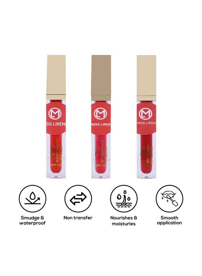 Waterproof Lip Gloss Upto 24 Hours Stay, Soothes, Repairs & Moisturizes Dry Lips, Multicolor, 4.5 Ml, Pack Of 3