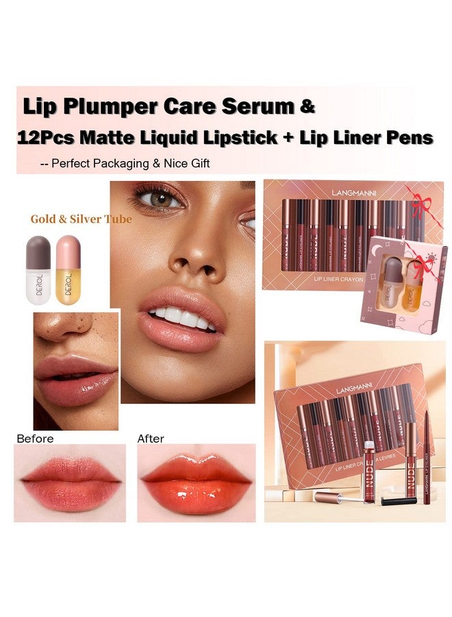 Derol Lip Plumper Setnatural Lip Plumper And Lip Care Serumlip Enhancer For Fuller12Pcs Matte Liquid Lipstick + Lipliner Pens Set Matte Liquid Long-Lasting Wear Non-Stick Cup Waterproof Lip Gloss