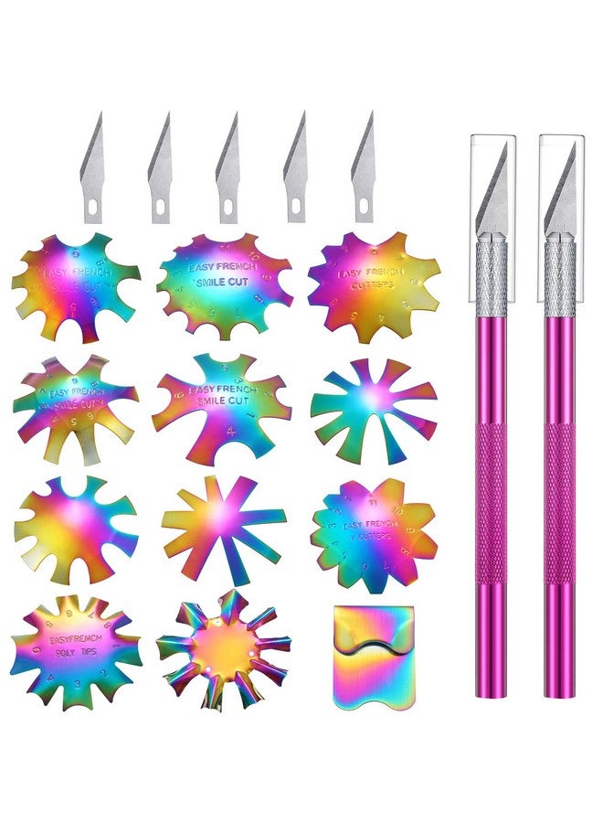 12 Pieces French Nail Trimmer Stainless Steel French Tip Cutters Smile Line Cutter Edge Manicure Diy Plate Module With 2 Handles French Tip Cutting Knife And 5 Spare Blade For Acrylic Nail (Colorful)