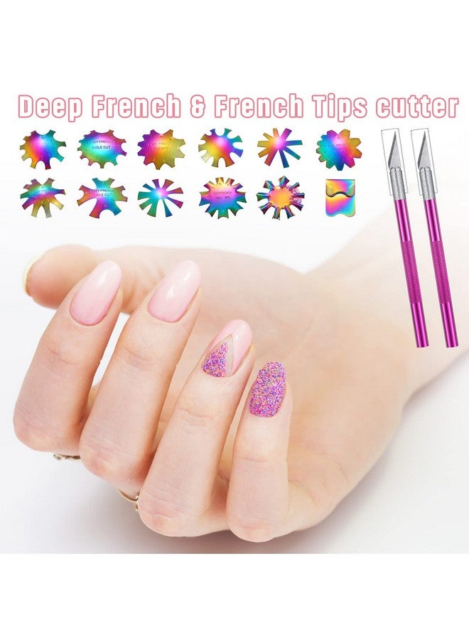 12 Pieces French Nail Trimmer Stainless Steel French Tip Cutters Smile Line Cutter Edge Manicure Diy Plate Module With 2 Handles French Tip Cutting Knife And 5 Spare Blade For Acrylic Nail (Colorful)