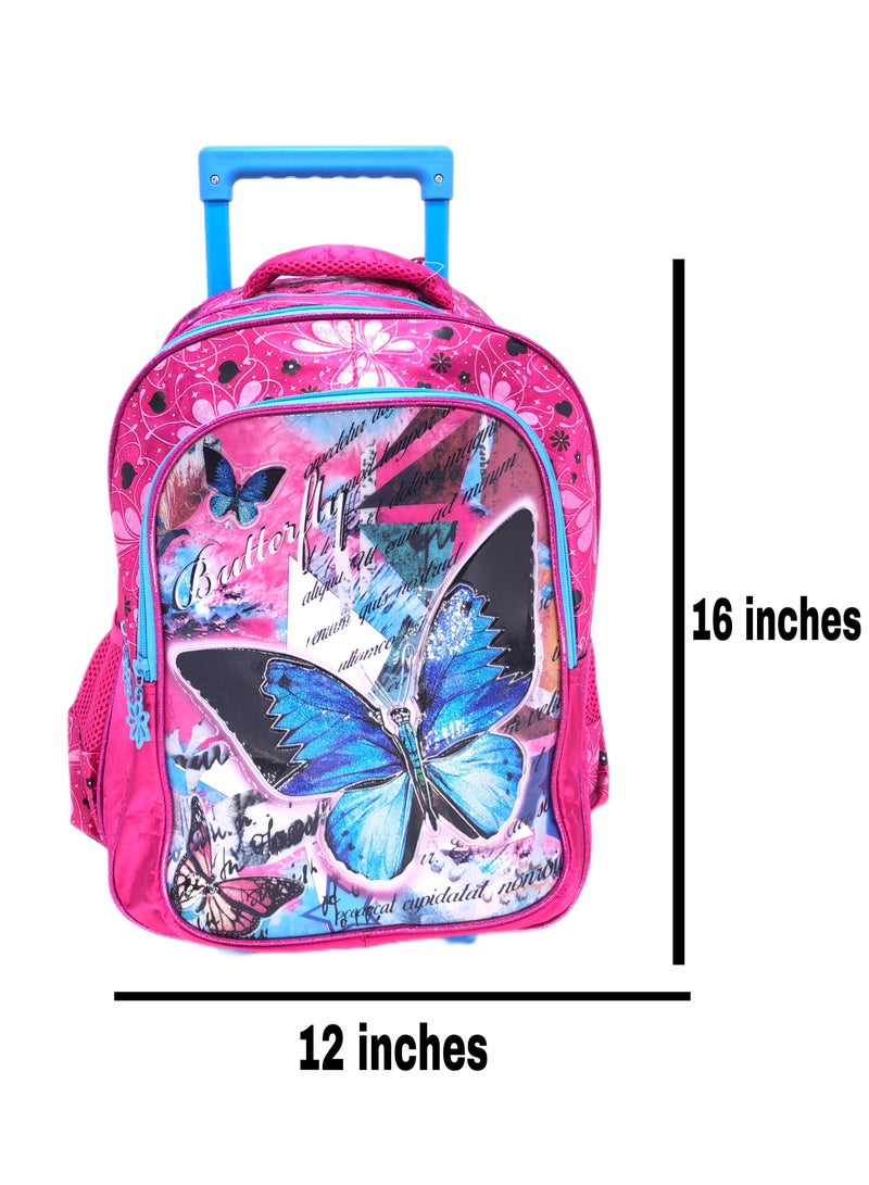 Pvc Premium Toddler Trolley with Backpack which Includes Trolley Bag luggage with wheels, pink in color with your trending favorite Character butterfly personalized backpack For Girls (16 Inches)