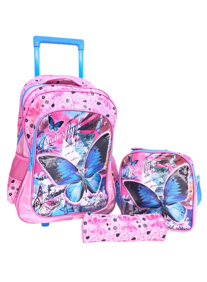 Pvc Premium Toddler Trolley with Backpack which Includes Trolley Bag luggage with wheels, pink in color with your trending favorite Character butterfly personalized backpack For Girls (16 Inches)