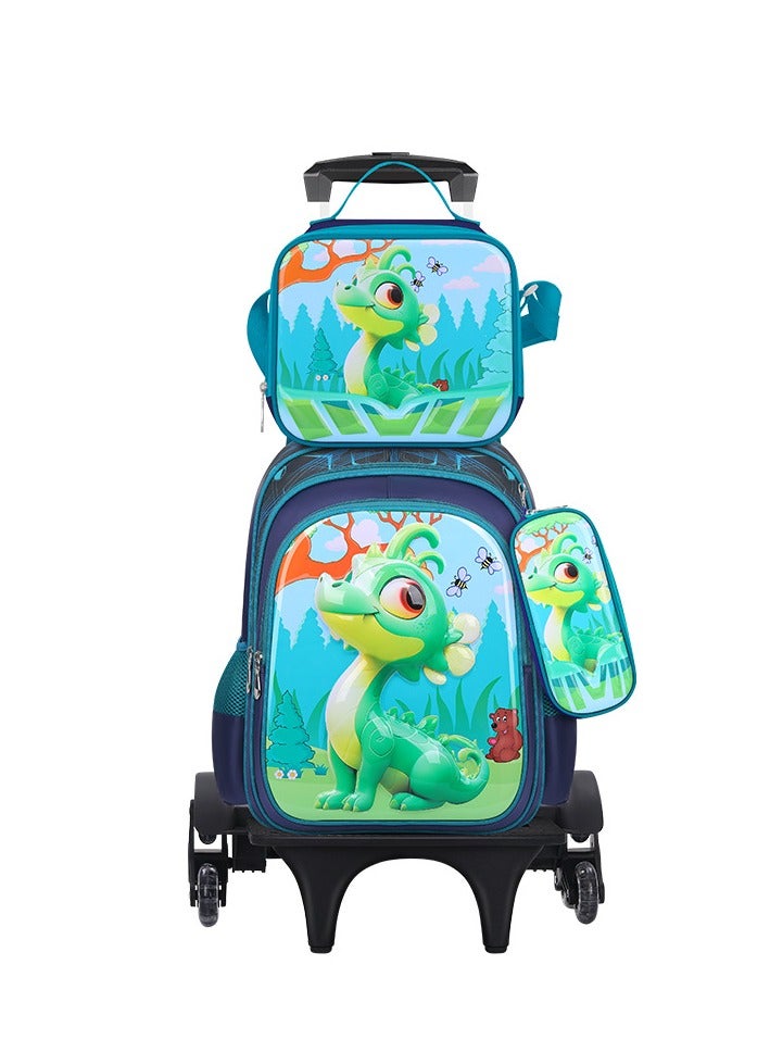 3-Piece Dinosaur Trolley Backpack set 42cm*31cm*19cm Green Blue