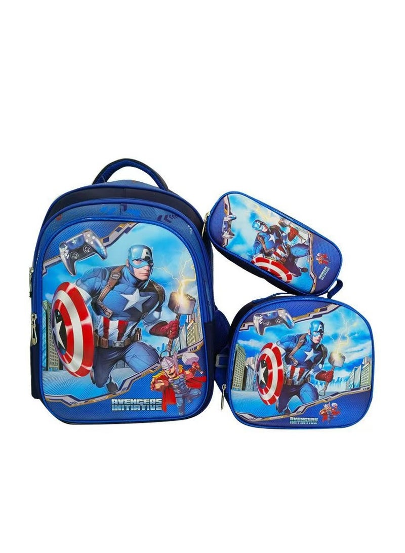 3-Piece Captain America Trolley Backpack Set 42cm*31cm*19cm Blue