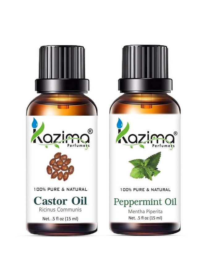 Combo Of Castor Carrier Oil And Peppermint Essential Oil - 100% Pure & Natural Oil For Moisturizing Scalp, Dandruff Control, Skin Moisturizing, & Hair Growth, 15 Ml Each