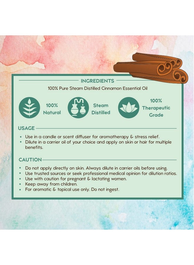 Pure Cinnamon Essential Oil Therapeutic Grade, Steam Distilled | Acne, Blemishes, Detan, Pigmentation, Anti-Aging | Aromatherapy, Diffuser Oil, 15Ml