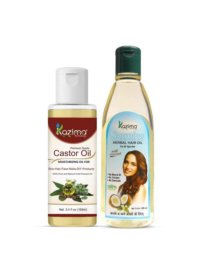 Combo Of Castor Oil And Jasmine Herbal Hair Oil - 100% Pure & Natural Oil For Hair And Skin, 100 Ml Each