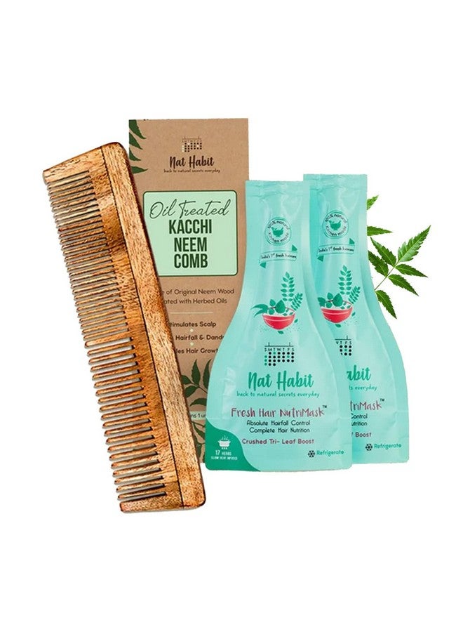 Back To Natural Secrets Everyday Dual Tooth Wooden Kacchi Neem Comb & Trileaf Hair Nutrimask For Hair Growth, Hairfall Control & Hair Smoothening (Combo Pack Of 3)