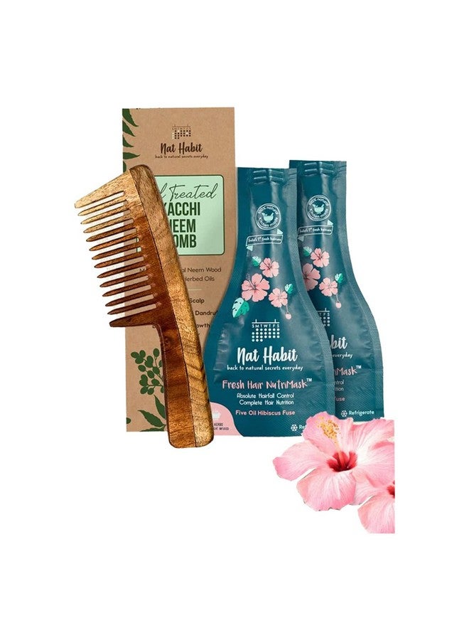 Back To Natural Secrets Everyday Wide Tooth Wooden Kacchi Neem Comb & Hibiscus Hair Nutrimask For Hair Growth, Hairfall Control & Hair Smoothening (Combo Pack Of 3)