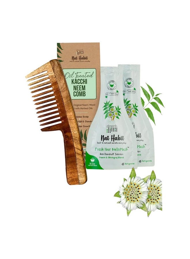 Wide Wooden Kacchi Neem Comb & Neem Bhringraj Hair Nutrimask For Hair Growth, Hairfall Control & Hair Smoothening (Combo Pack Of 3)