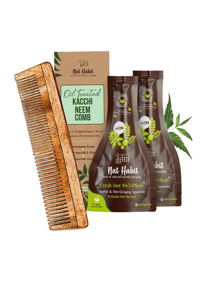 Back To Natural Secrets Everyday Dual Tooth Wooden Kacchi Neem Comb & Men'S Hair Nutrimask For Hair Growth, Hairfall Control & Hair Smoothening (Combo Pack Of 3)