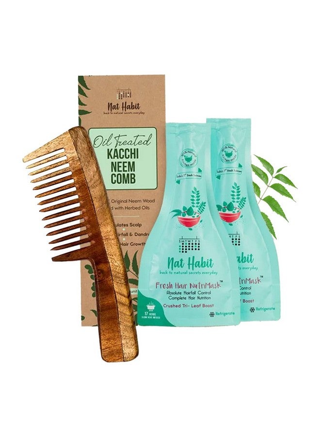 Back To Natural Secrets Everyday Wide Tooth Wooden Kacchi Neem Comb & Trileaf Hair Nutrimask For Hair Growth, Hairfall Control & Hair Smoothening (Combo Pack Of 3)