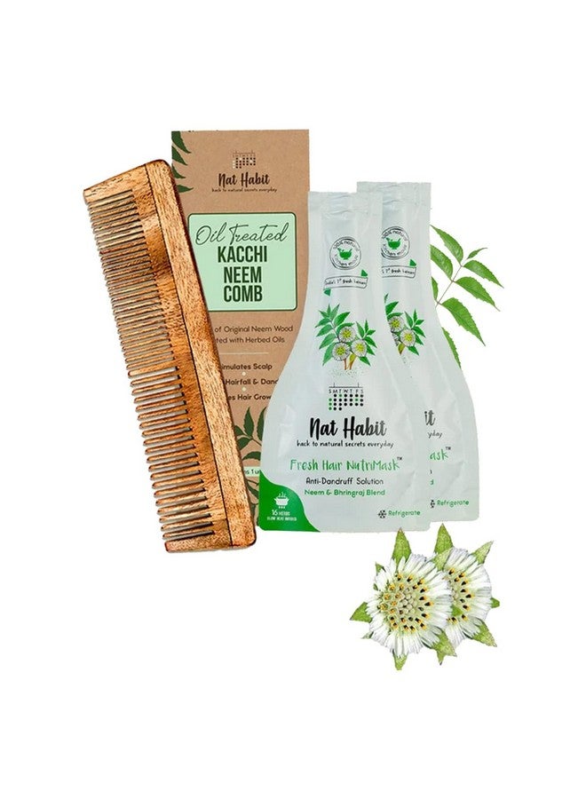 Back To Natural Secrets Everyday Dual Tooth Wooden Kacchi Neem Comb & Neem Bhringraj Hair Nutrimask For Hair Growth, Hairfall Control & Hair Smoothening (Combo Pack Of 3)