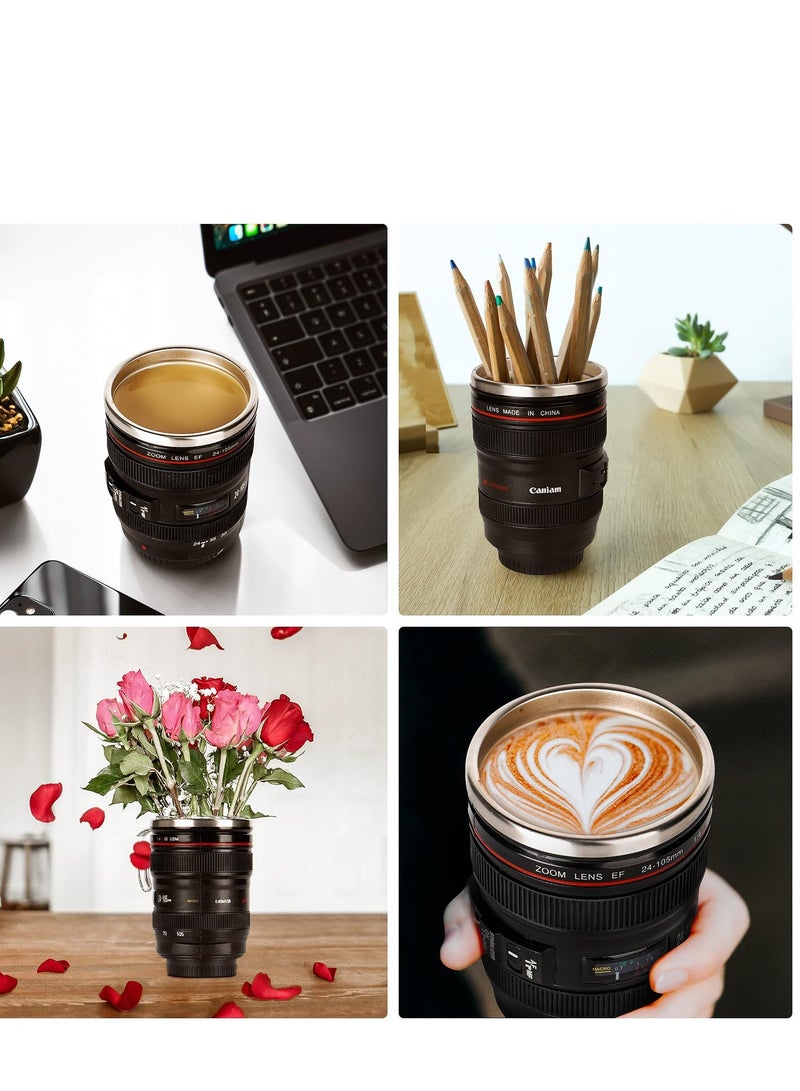 Camera Lens Travel Mug, Stainless Steel Thermos with Lid & Spoon, Unique Gifts for Photographers, Stylish Camera Lens Coffee Cup for Men & Women, Perfect for On-the-Go Coffee Lovers