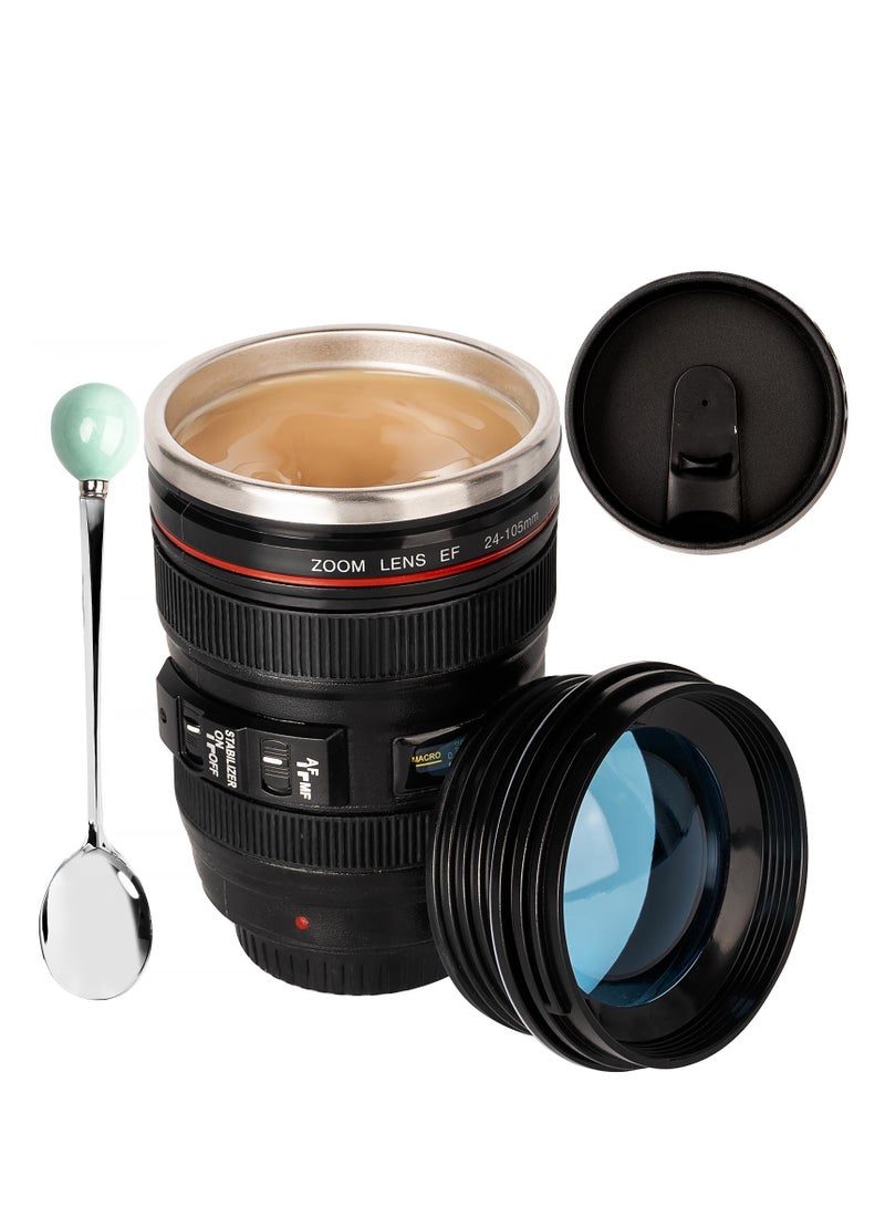 Camera Lens Travel Mug, Stainless Steel Thermos with Lid & Spoon, Unique Gifts for Photographers, Stylish Camera Lens Coffee Cup for Men & Women, Perfect for On-the-Go Coffee Lovers