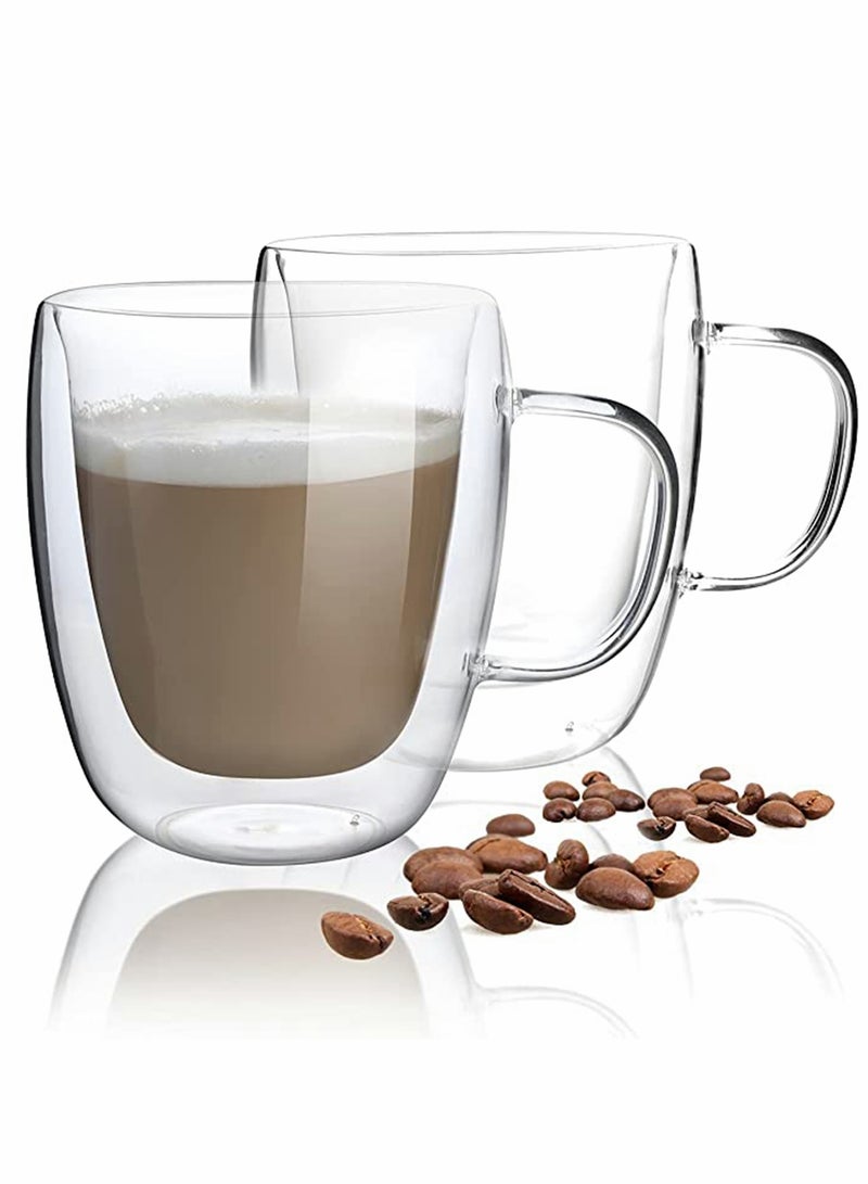 15 oz Double Walled Insulated Glass Coffee Mug - Clear Coffee Cup with Handle for Espresso, Cappuccino, Latte, Tea, Milk, Juice - Perfect for Hot & Cold Beverages, Durable & Stylish Design