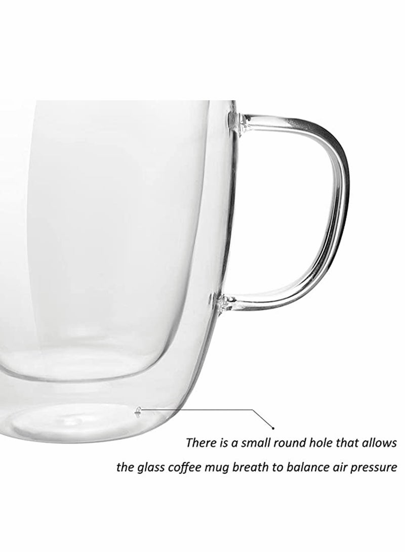 15 oz Double Walled Insulated Glass Coffee Mug - Clear Coffee Cup with Handle for Espresso, Cappuccino, Latte, Tea, Milk, Juice - Perfect for Hot & Cold Beverages, Durable & Stylish Design