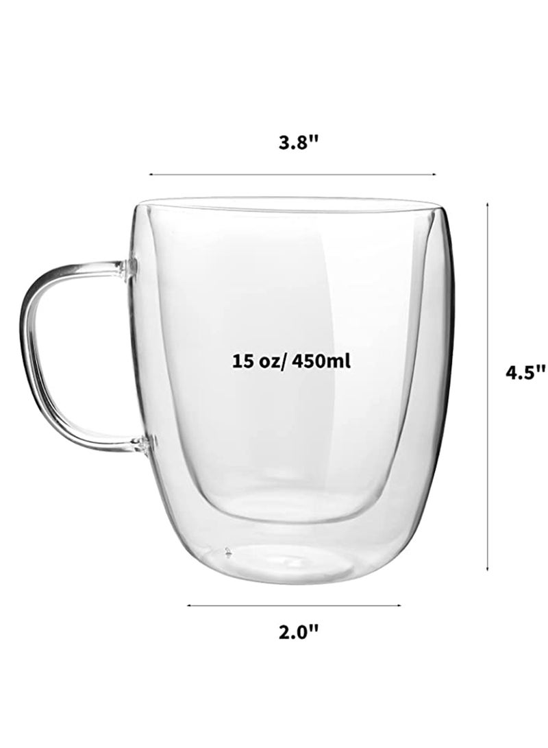 15 oz Double Walled Insulated Glass Coffee Mug - Clear Coffee Cup with Handle for Espresso, Cappuccino, Latte, Tea, Milk, Juice - Perfect for Hot & Cold Beverages, Durable & Stylish Design